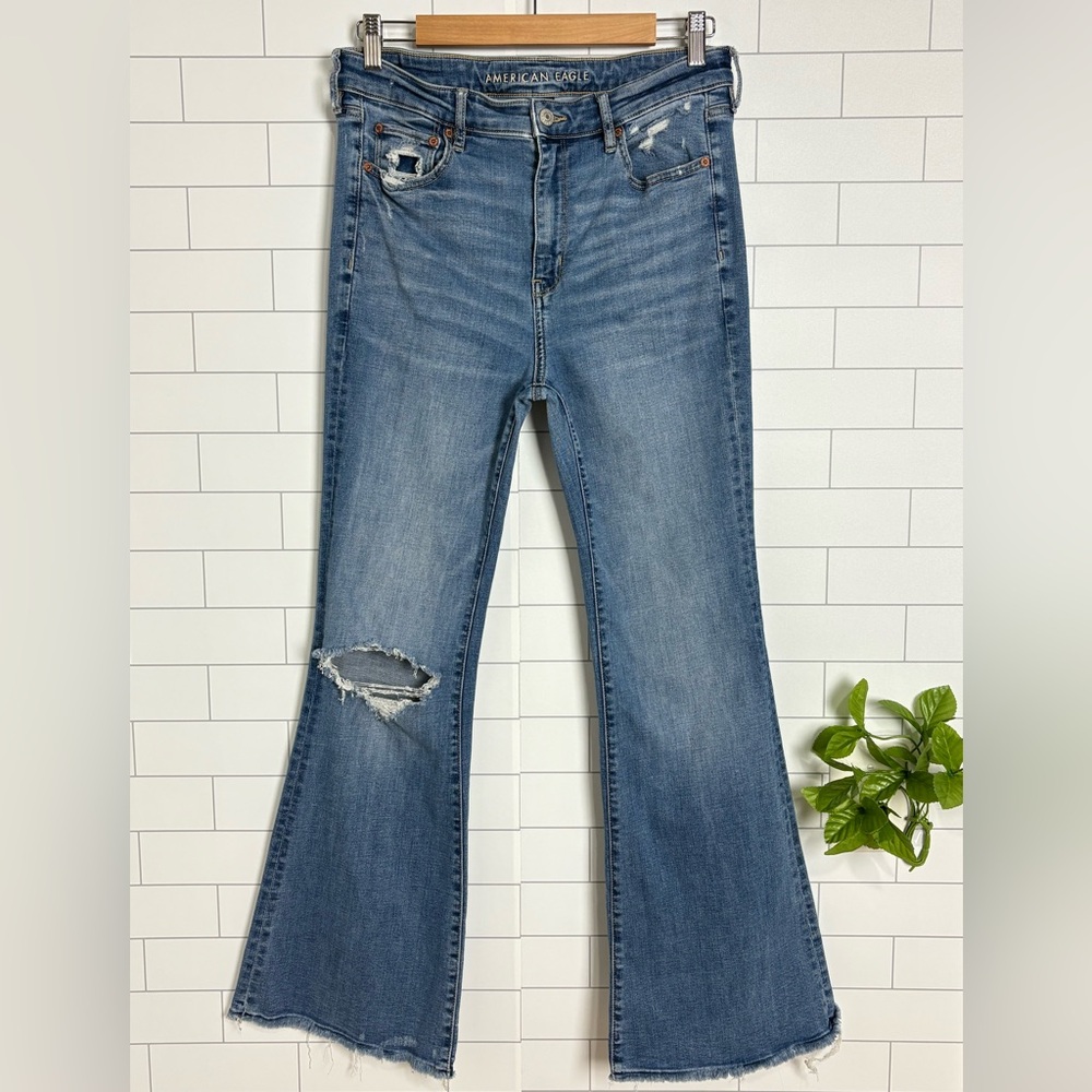 American Eagle Super Hi-Rise Flare Jeans Size 10 Regular Destroyed Stretch Denim